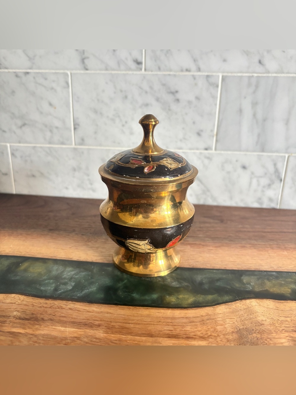 Vintage Small Black Floral Enamel Brass Lidded Canister